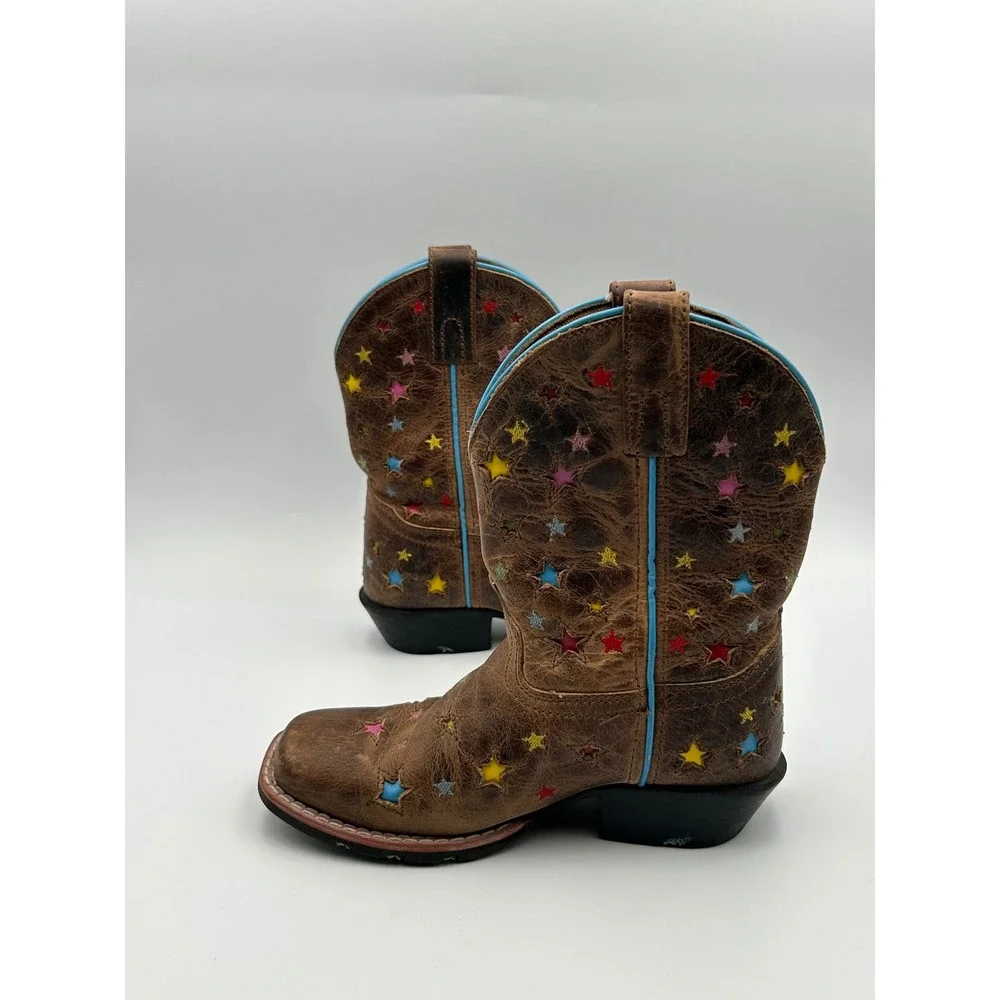Dan Post Kids Brown Leather Star Embroidered Western Cowboy Boots Square Toe